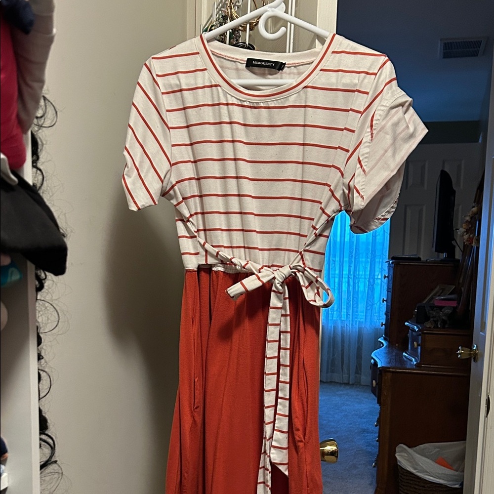 Rust Red & White Striped Tie-Waist Adult Dress